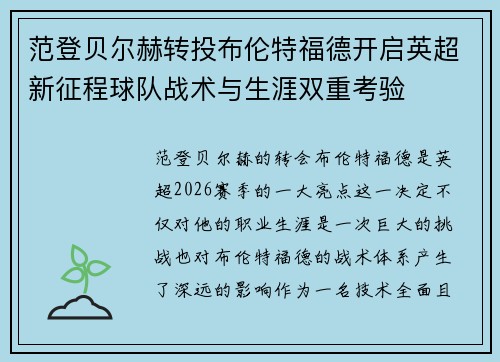 范登贝尔赫转投布伦特福德开启英超新征程球队战术与生涯双重考验