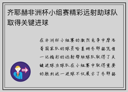 齐耶赫非洲杯小组赛精彩远射助球队取得关键进球 齐耶赫非洲杯小组赛精彩远射助球队取得关键进球